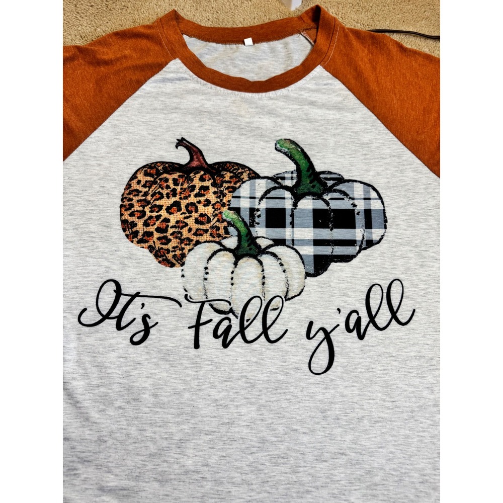 Its Fall Yall Pumpkin Raglan Baseball Tee Gray Orange XL Leopard Buffalo Plaid